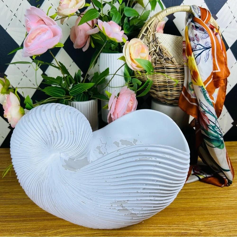 Large‎ Distressed Shell Vase White Resin Organic Sculptural Form Coastal Luxury